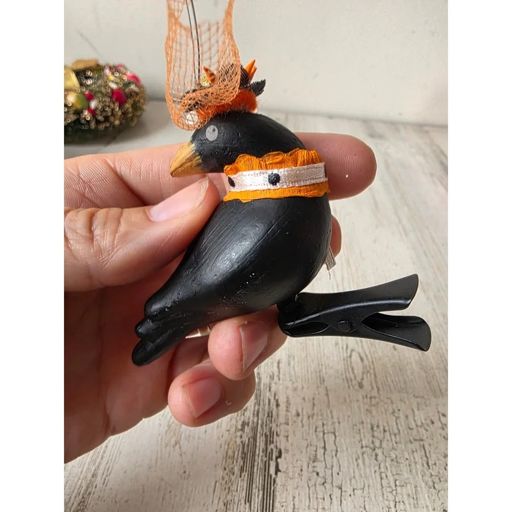 vintage Crow Halloween clip ornament feather shabby chic unique Xmas tree